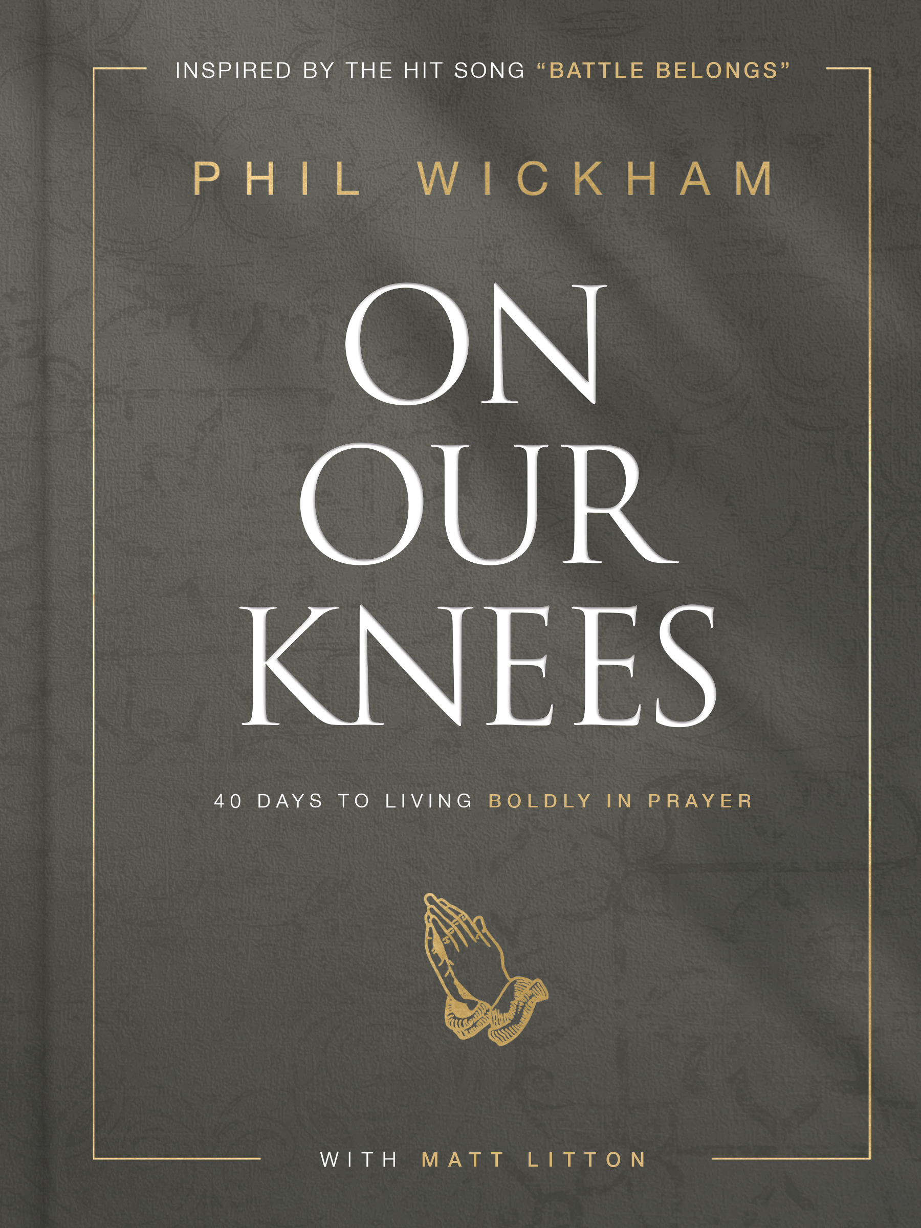 On Our Knees book cover. Grey color with white titling and gold border detail