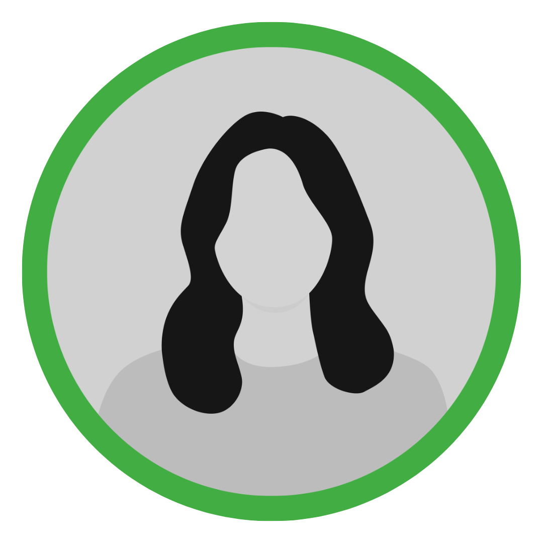 circular template headshot with a green frame of a grayscale illustrated woman with dark hair and no facial details